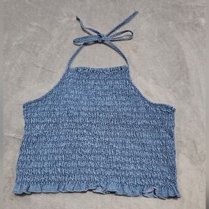 American Eagle Outfitters Blue Smocked Crop Top Halter Top LARGE